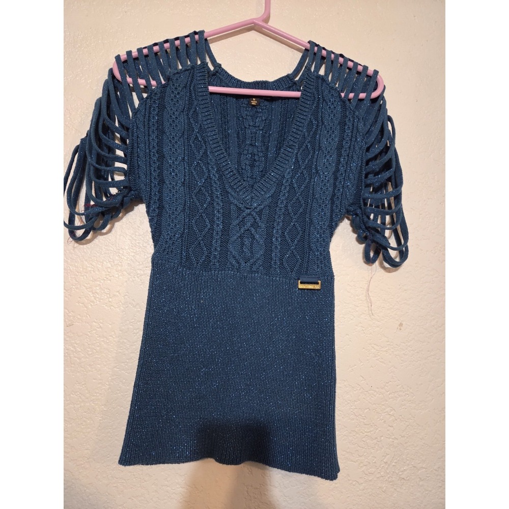 Rocawear Blue Metallic Knitted Top S 90s Y2K Sexy V Neck